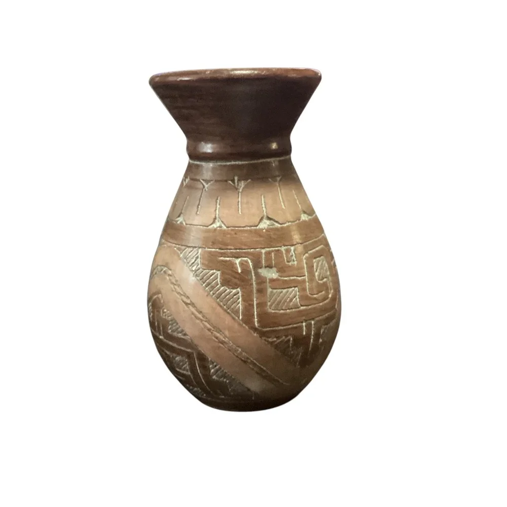 Handcrafted Terracotta Sgraffito Geometric Etched Bud Vase Brown 4 in Small Pot